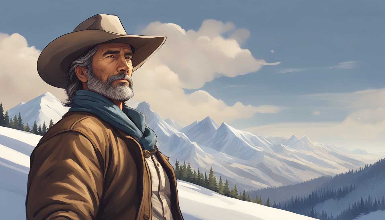 A rugged cowboy stands atop a snow-capped mountain, overlooking a vast, untamed wilderness. His weathered face reflects determination and resilience