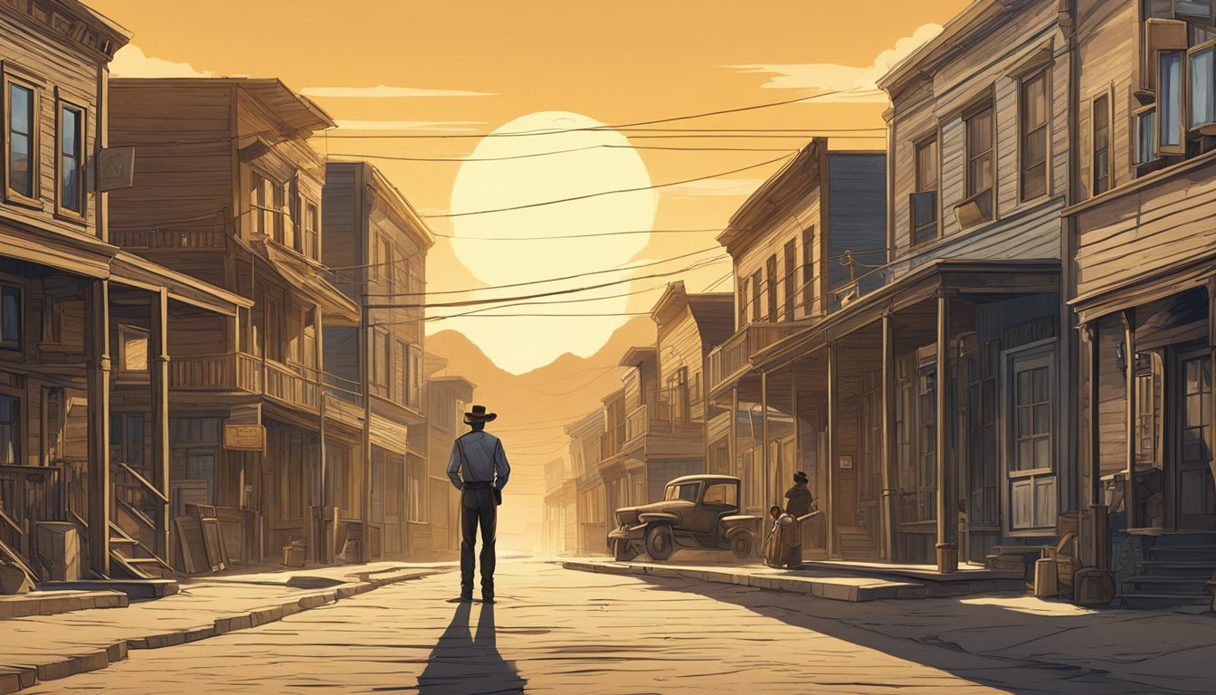 A rugged, sun-drenched frontier town with a saloon and dusty streets. A lone figure stands tall, surveying the scene with a steely gaze