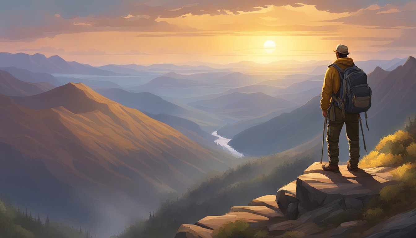 A lone figure stands atop a rugged mountain, surveying the vast, untamed wilderness below. The sun sets behind them, casting a warm glow over the rugged terrain