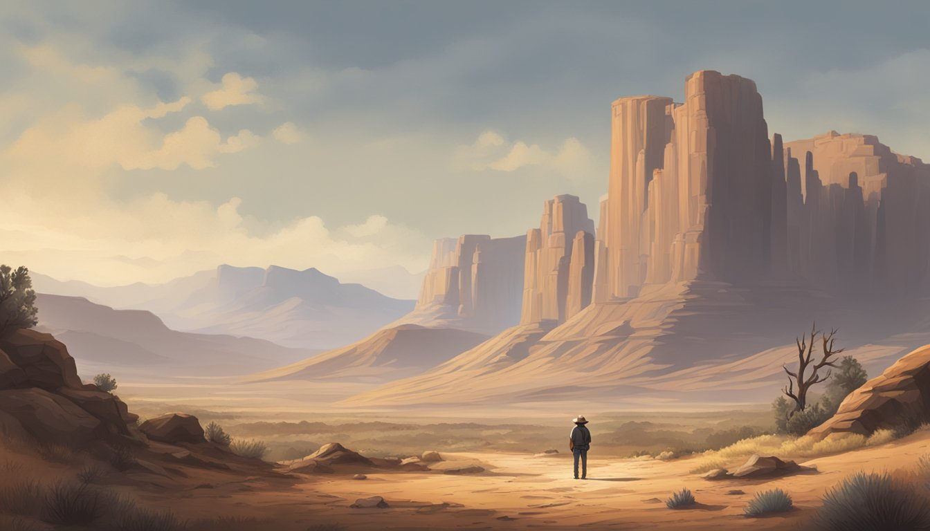 A dusty, rugged western landscape with a lone figure standing tall, surrounded by the grit and determination of the frontier