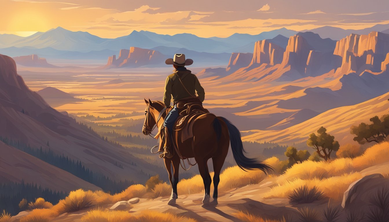 A lone cowboy on horseback surveys the vast, rugged landscape of the American West, with mountains in the distance and a golden sunset casting long shadows