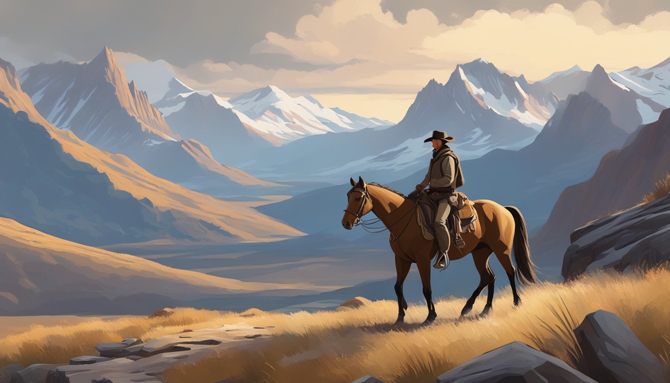 A lone figure on horseback surveys rugged terrain with a backdrop of dramatic mountains and a sprawling western landscape