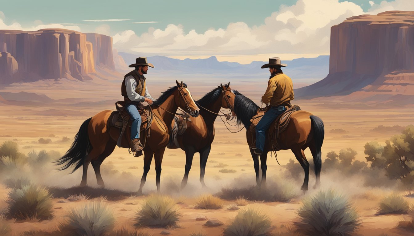 A tense standoff between two rugged cowboys on horseback, surrounded by the vast, untamed landscape of the American West