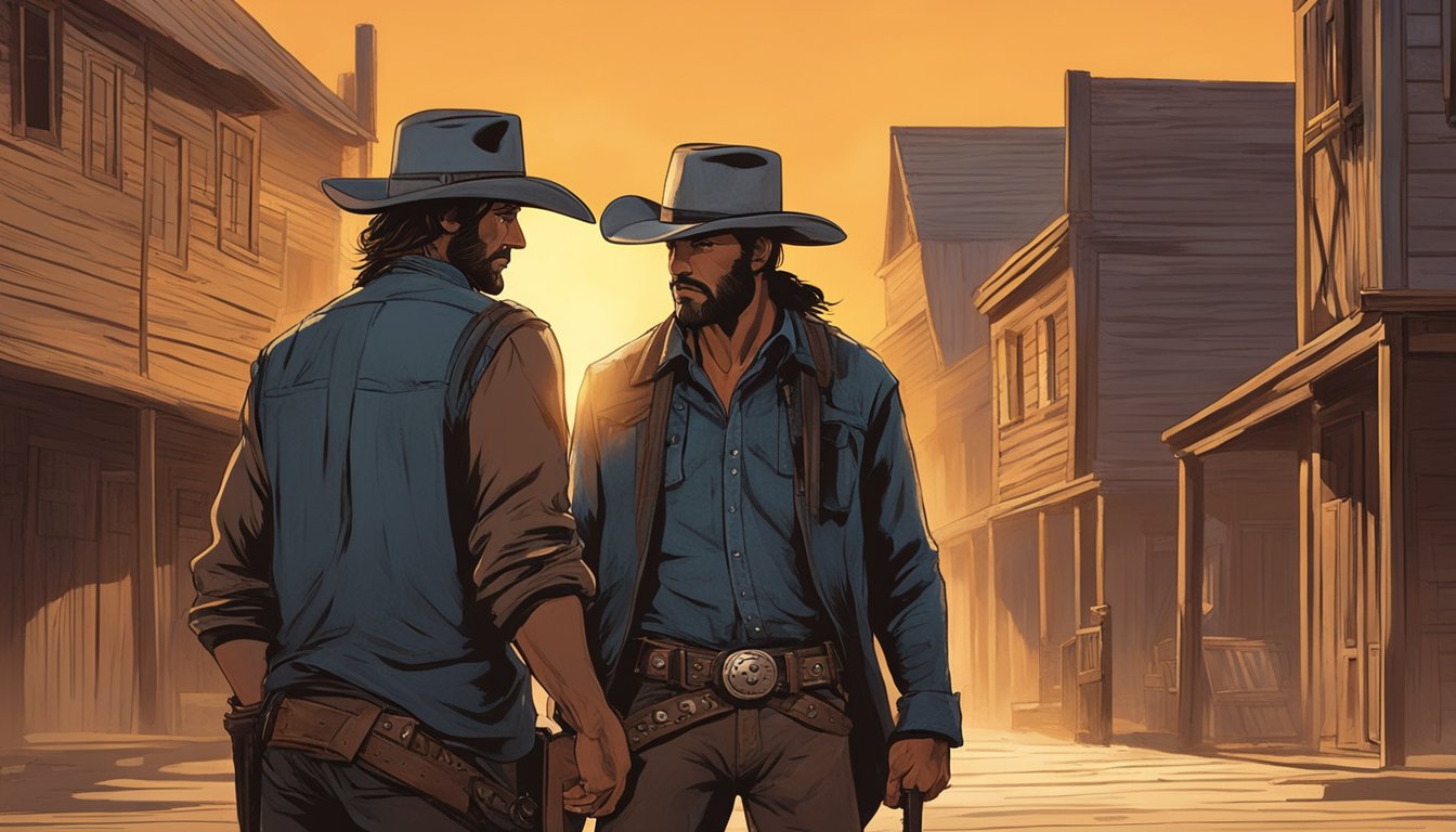 Two rugged cowboys face off on a dusty western street, their steely gazes locked in a tense standoff. The sun sets behind them, casting long shadows on the worn wooden buildings