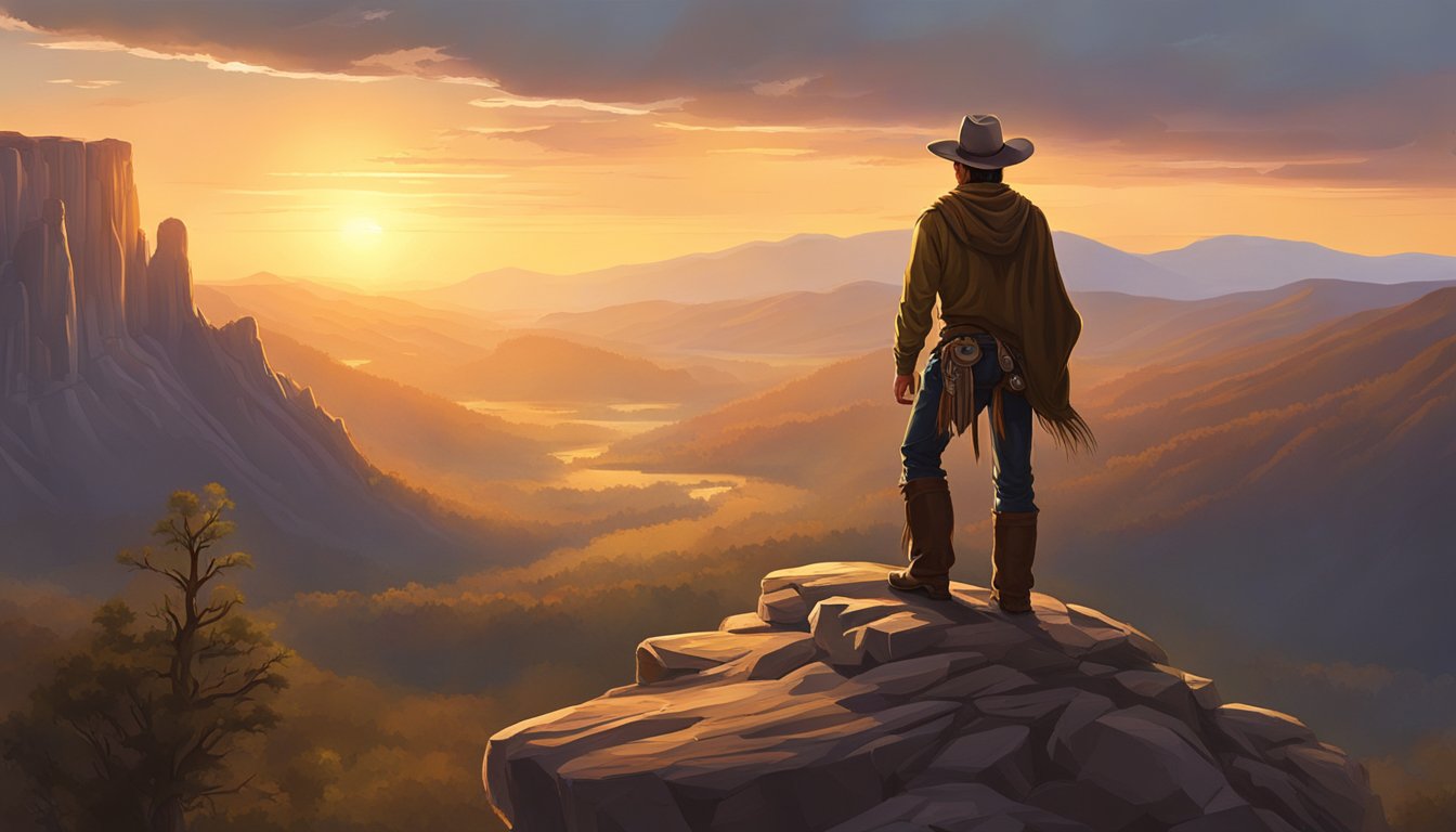 A lone cowboy stands atop a rugged mountain, overlooking a vast, untamed wilderness. The sun sets behind him, casting a warm glow on the rugged landscape