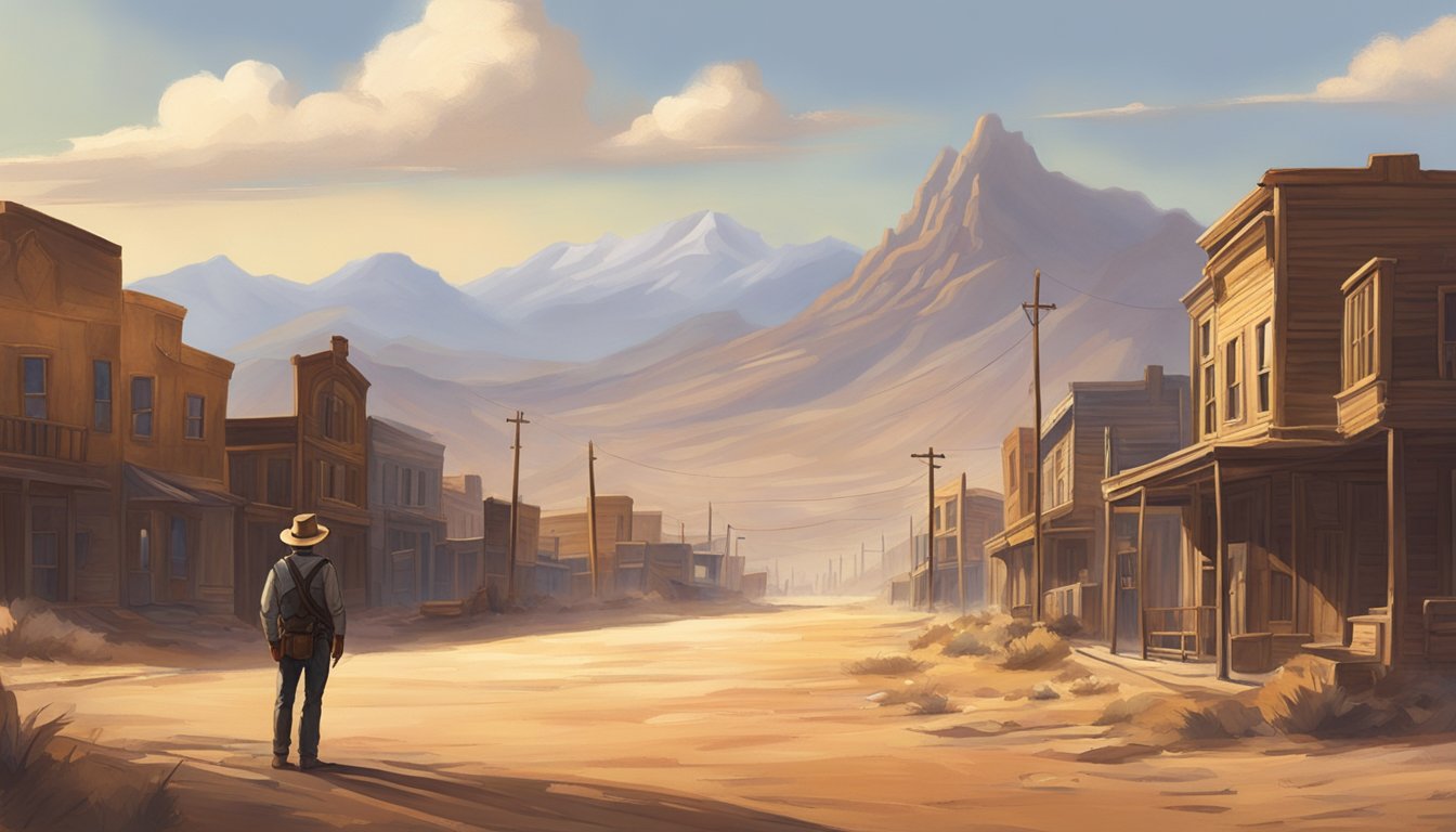 A dusty, sun-drenched western town with a rugged, mountainous backdrop. A lone figure stands tall, surveying the land with a steely determination