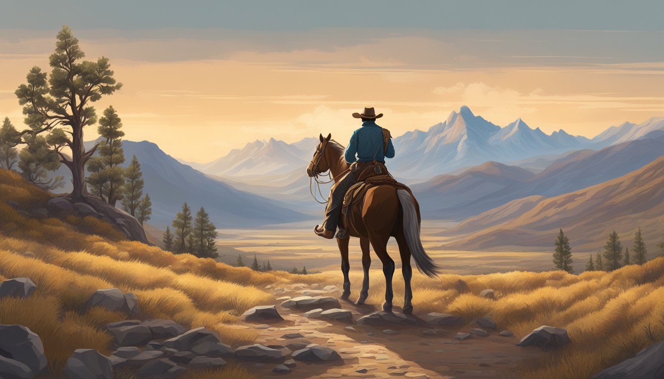 A rugged cowboy on horseback surveys a vast, untamed landscape with mountains in the distance