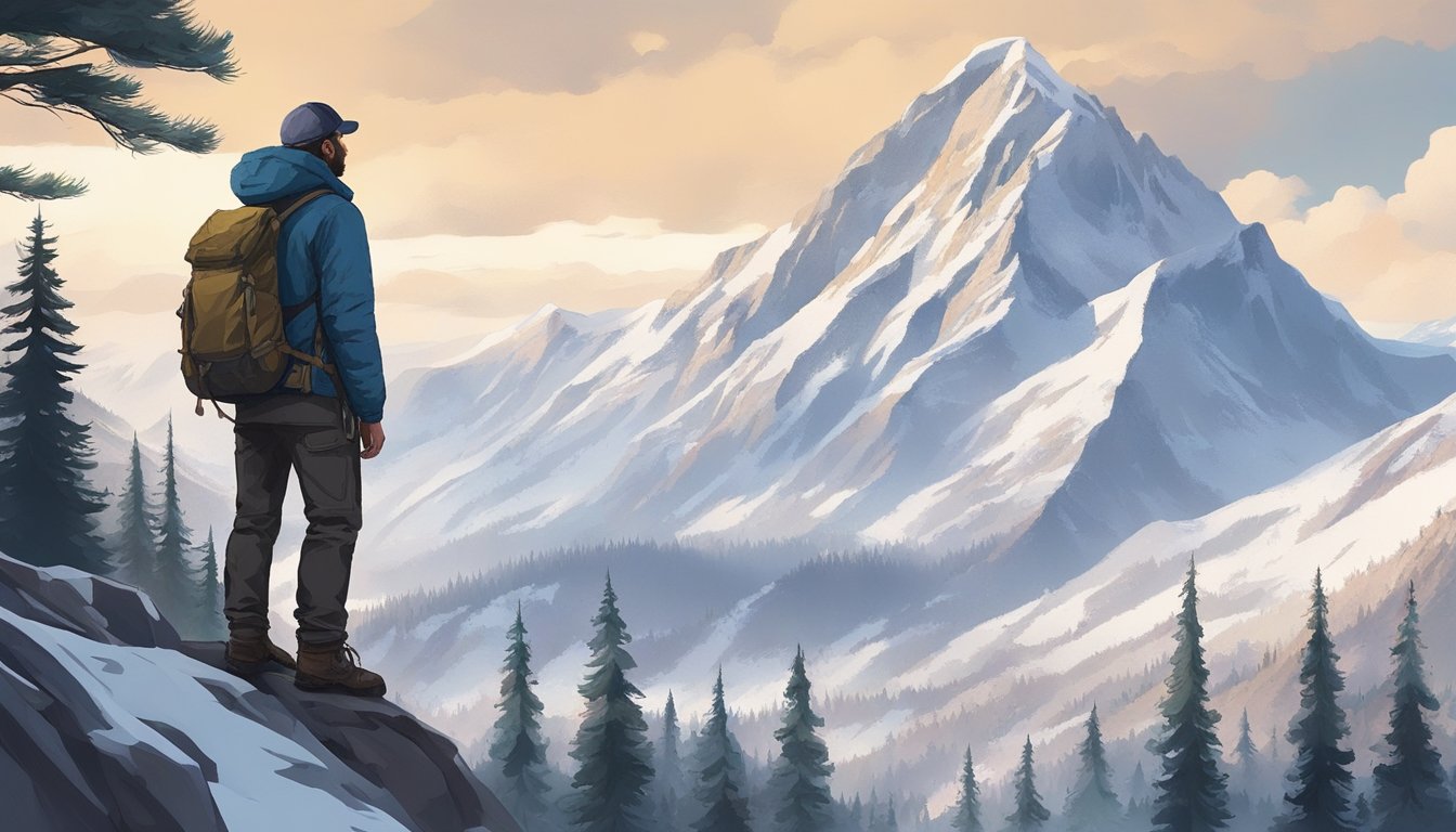 A lone figure stands atop a rugged mountain peak, surveying the vast, untamed wilderness below. The landscape is dotted with towering pine trees and snow-capped peaks, creating a stunning and awe-inspiring backdrop