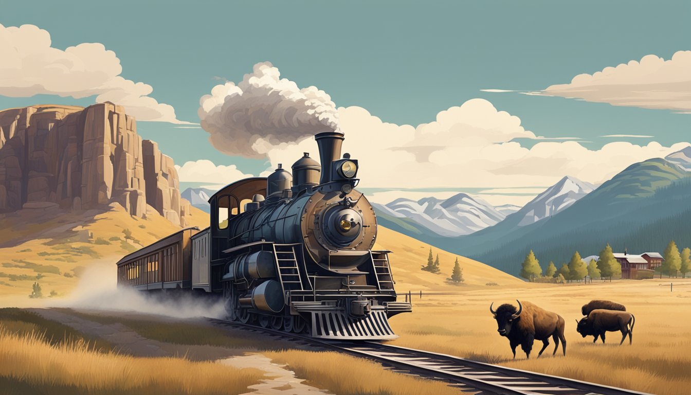 A rugged, mountainous landscape with a rustic ranch house and grazing bison. A train chugging through a sprawling western town with old-fashioned buildings and dusty streets