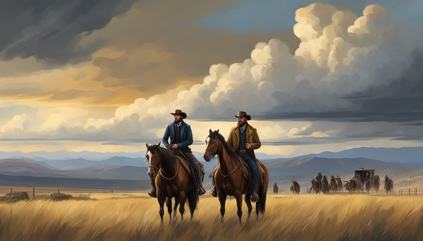 A dramatic showdown between Yellowstone's John Dutton and Hell on Wheels' Cullen Bohannon, set against a rugged western landscape with a stormy sky looming overhead