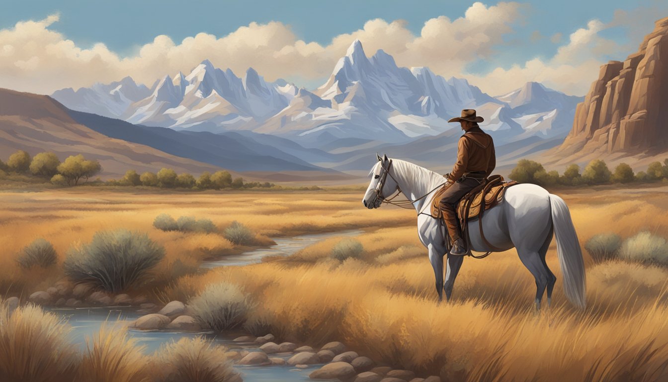 A rugged cowboy stands tall in front of a sprawling western landscape, with a majestic mountain range in the background. His horse stands beside him, and the wind blows through the grasses