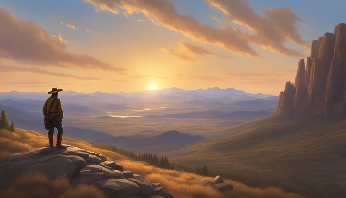 A lone figure stands atop a rugged mountain, overlooking a vast and untamed landscape. The setting sun casts a warm glow over the scene, emphasizing the rugged beauty of the Western frontier