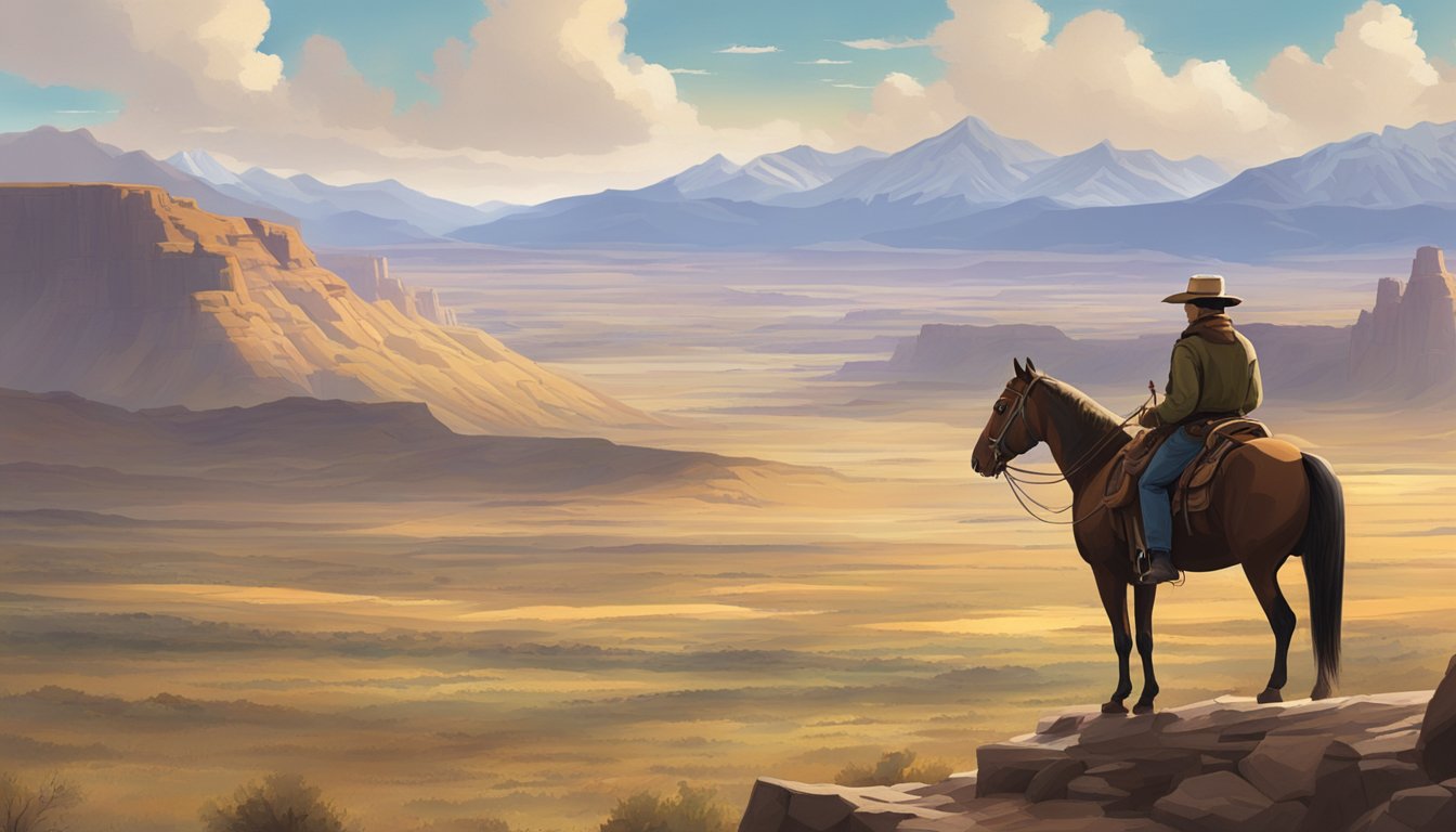 A lone figure on horseback surveys the vast, rugged landscape of the American West, with mountains and open plains stretching into the distance