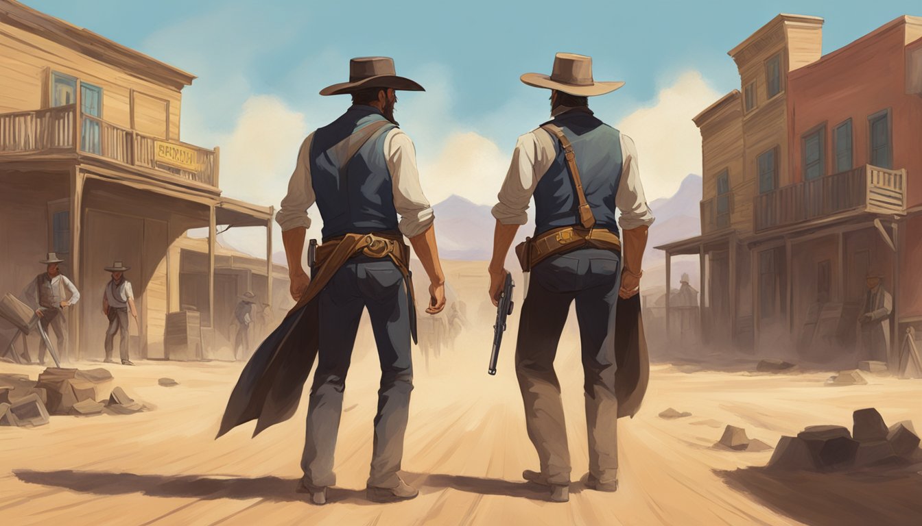 A showdown at high noon in a dusty western town, with two imposing figures facing off with steely determination