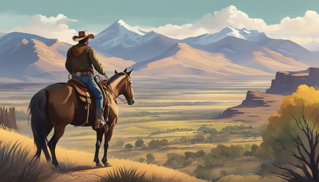 A rugged cowboy on horseback overlooks a vast, sweeping landscape with mountains and a sprawling ranch in the distance