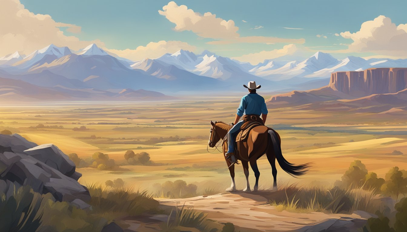 A rugged cowboy on horseback overlooks a vast, open landscape. A sprawling ranch and mountains loom in the background