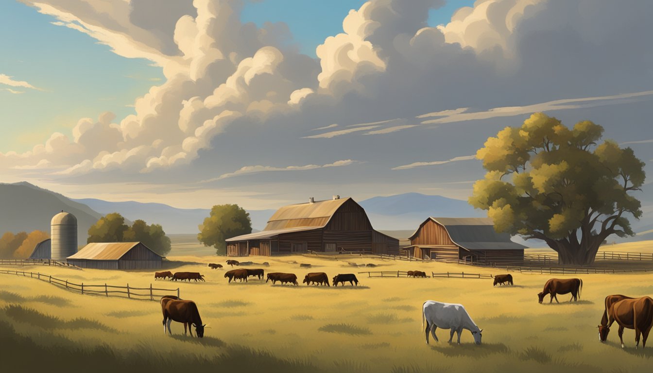 A sprawling ranch landscape with cattle, horses, and a rustic barn under a big sky