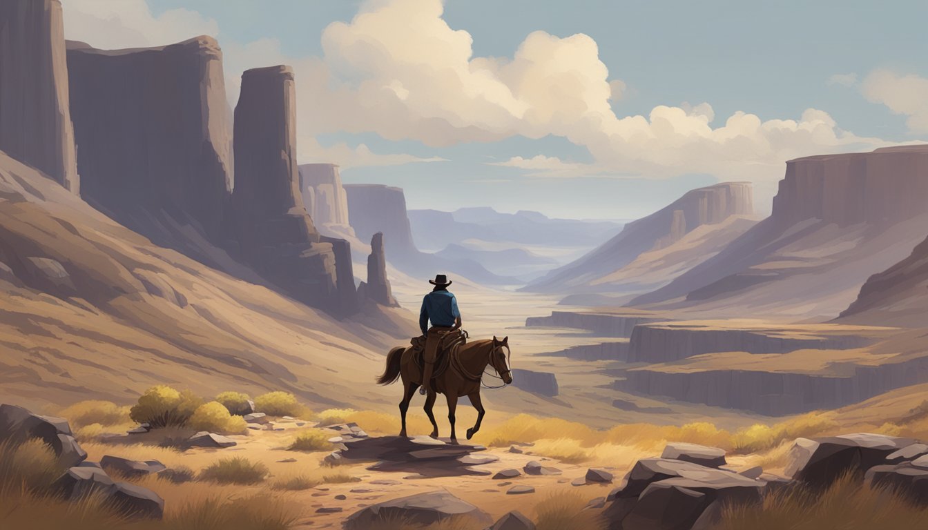 A rugged Western landscape with a lone figure on horseback, surveying the vast expanse with determination and authority