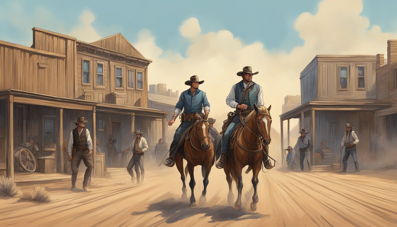 A tense standoff between John Dutton and Hondo Lane in a dusty western town. Both men exude confidence and strength, with their steely gazes locked in a silent battle of wills