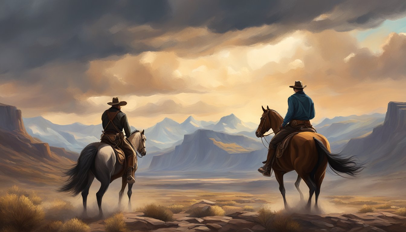 A showdown between two powerful figures on horseback in the rugged western landscape, with a dramatic sky and looming mountains in the background