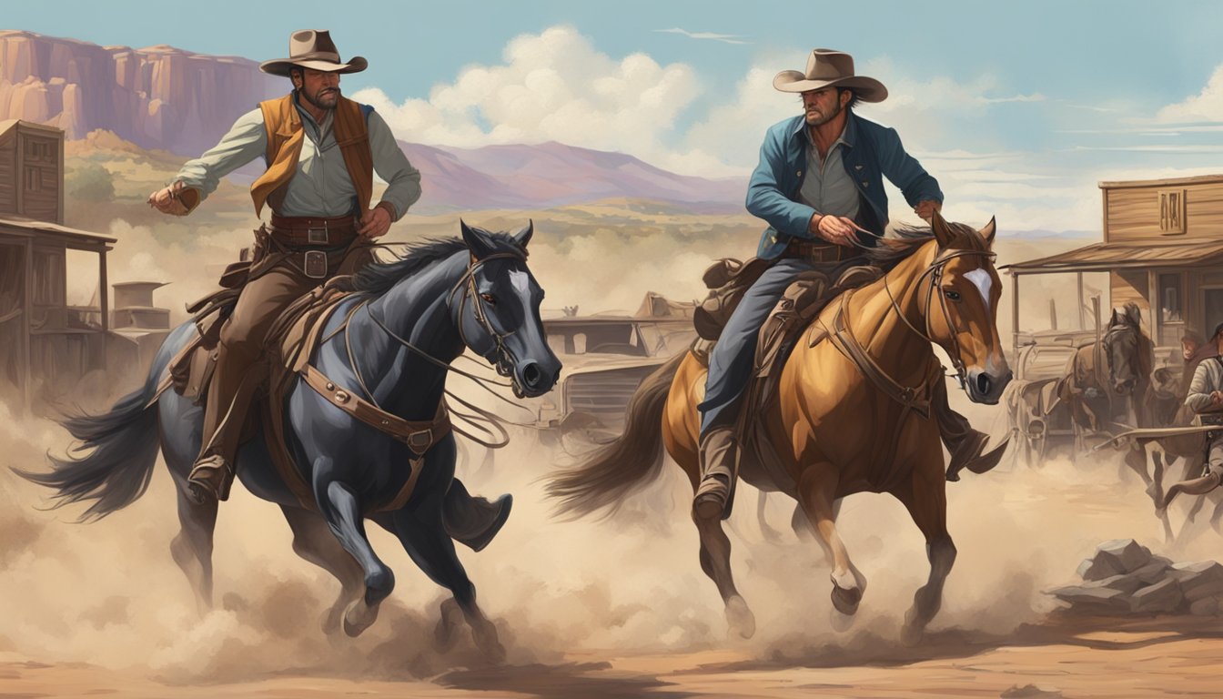 A dramatic showdown between two iconic Western heroes, set against the rugged backdrop of a sprawling ranch and the dusty streets of a frontier town