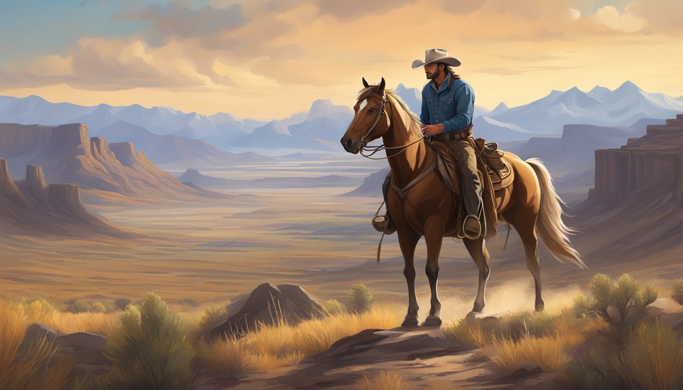 A rugged cowboy on horseback surveys a vast, untamed Western landscape, with a backdrop of mountains and open plains