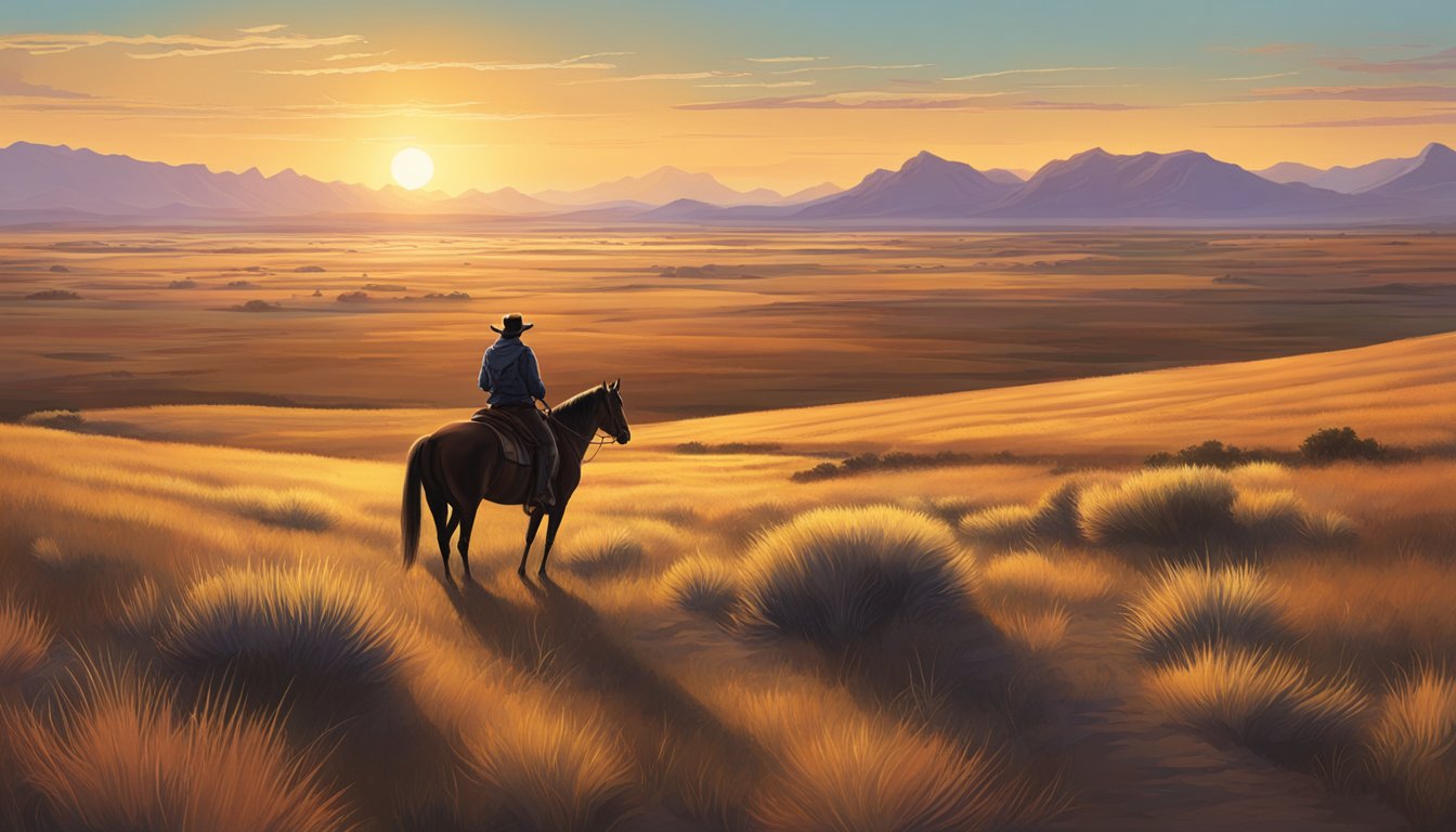 A lone figure on horseback surveys vast open plains at sunset