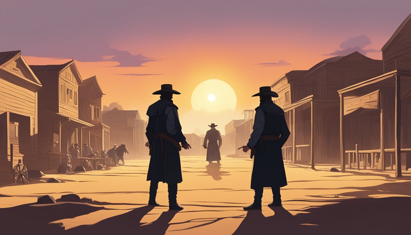 A dramatic showdown in a dusty western town. Two imposing figures face off, their steely gazes locked in a tense standoff. The sun sets behind them, casting long shadows across the scene