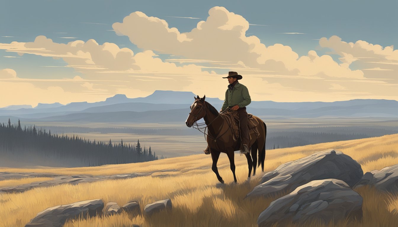 A lone figure on horseback surveys the vast, rugged landscape of Yellowstone, while a rugged cowboy stands tall in the open plains of the Old West