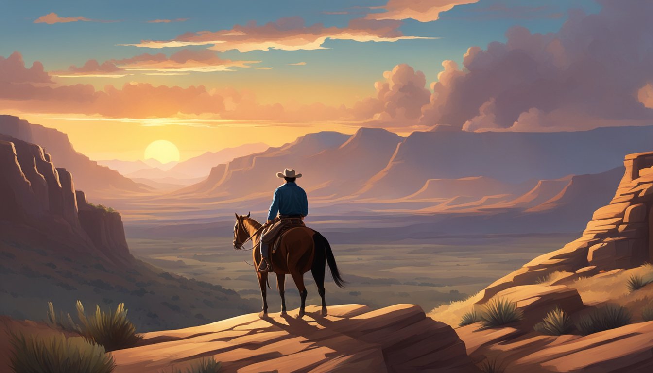 A lone cowboy on horseback overlooks a vast, rugged landscape, with a dramatic sunset casting long shadows over the rugged terrain