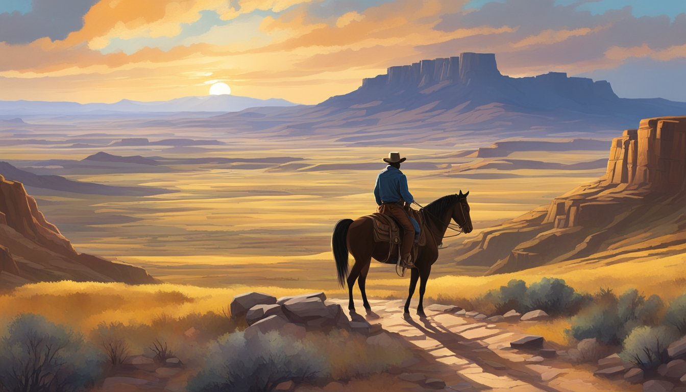 A lone figure on horseback surveys a rugged Western landscape, with a dramatic sunset casting long shadows over the sprawling plains