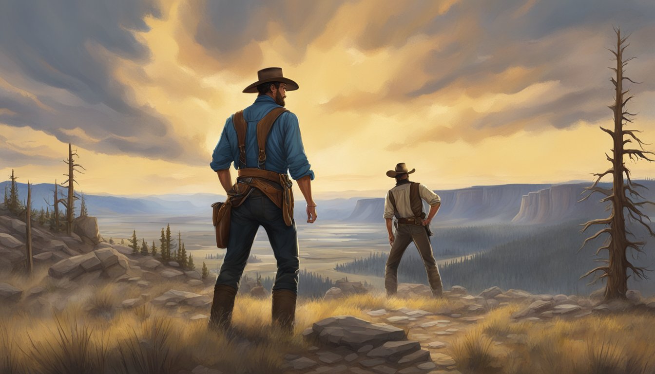 A dramatic showdown between Yellowstone's John Dutton and Hondo Lane in a rugged Western landscape, with intense expressions and tension in the air