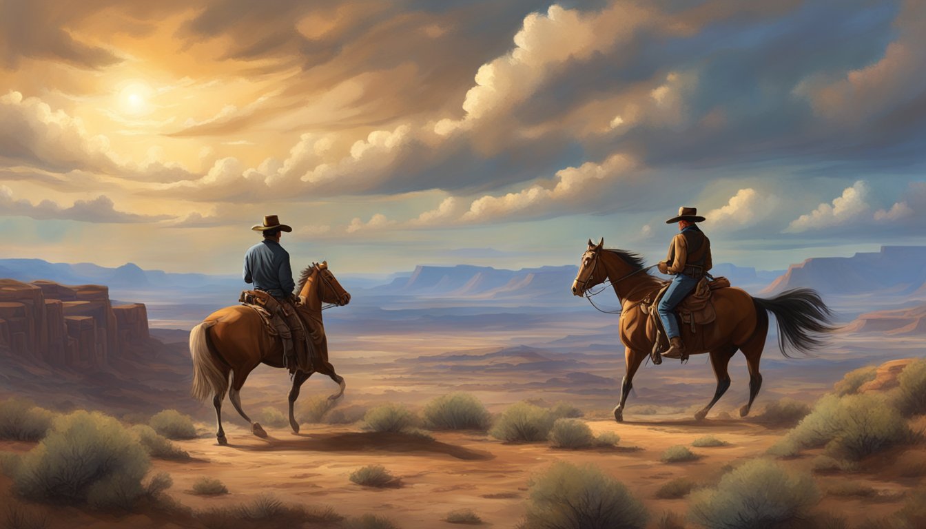 A showdown between John Dutton and Hondo Lane in a rugged Western landscape, with a dramatic sky and iconic elements of the Wild West