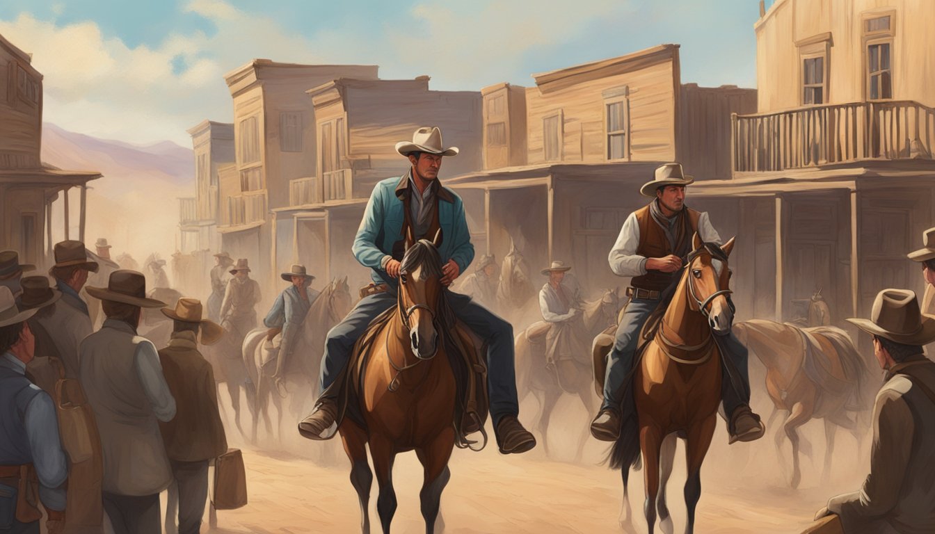 A tense standoff in a dusty western town, with John Dutton on horseback and Harmonica staring each other down