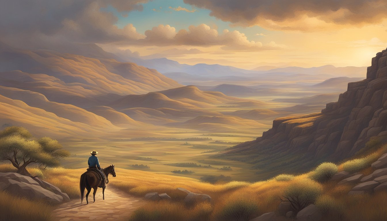 A rugged, sprawling western landscape with a lone figure on horseback, surrounded by rolling hills and a dramatic sky