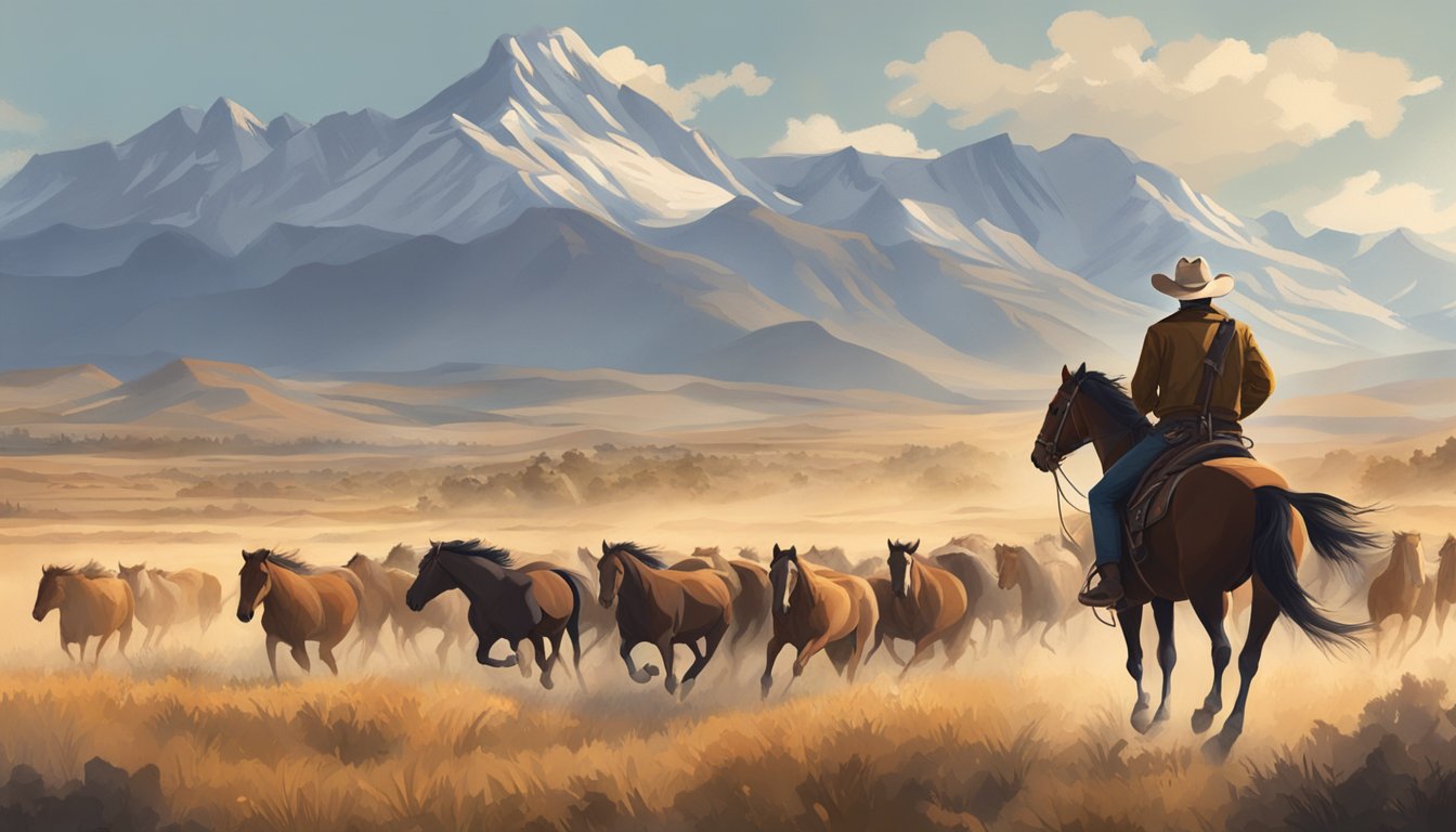 A rugged cowboy stands tall in an open field, with a majestic mountain range in the background and a herd of wild horses galloping nearby