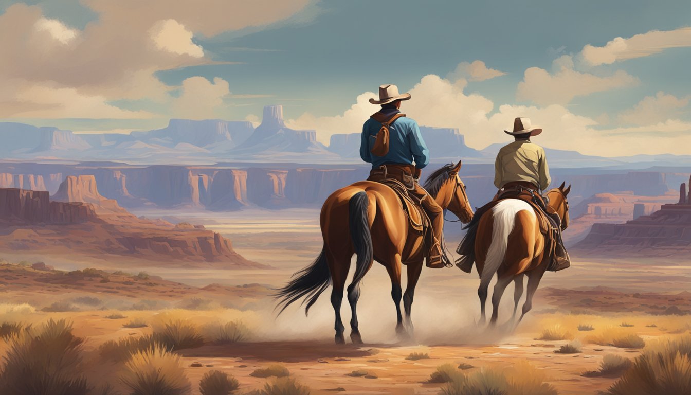 A tense standoff between two rugged cowboys on horseback, surrounded by the vast, untamed landscape of the American West