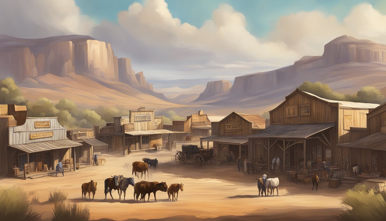 A dusty western town with a saloon, cattle, and a rugged landscape in the background