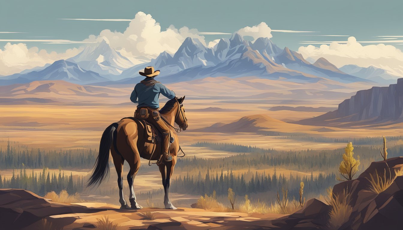 A rugged cowboy on horseback surveys a vast, rugged landscape with mountains in the distance