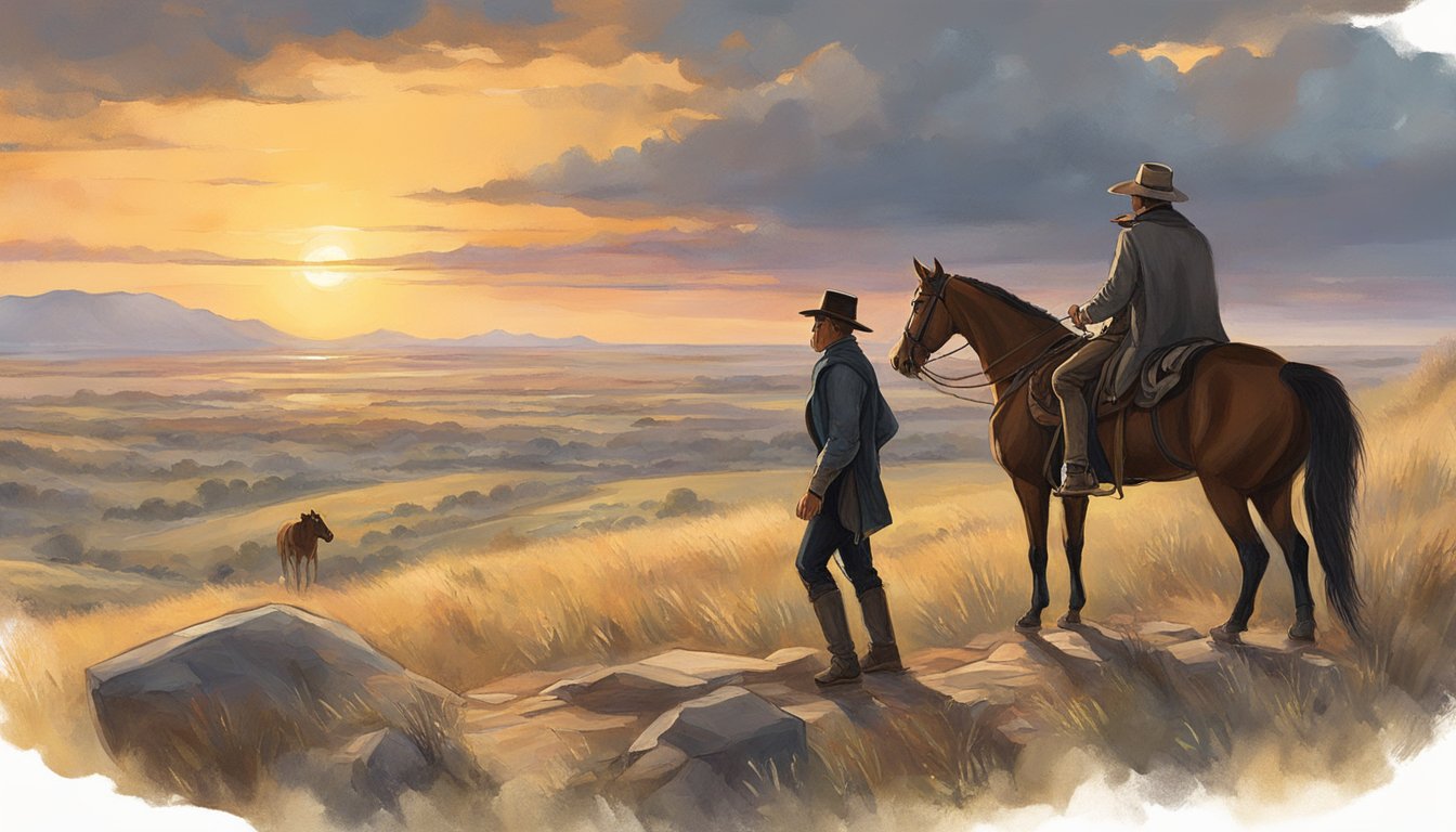 A showdown at sunset, John Dutton on horseback, stoic and determined, facing off against Harmonica, a mysterious figure with a steely gaze