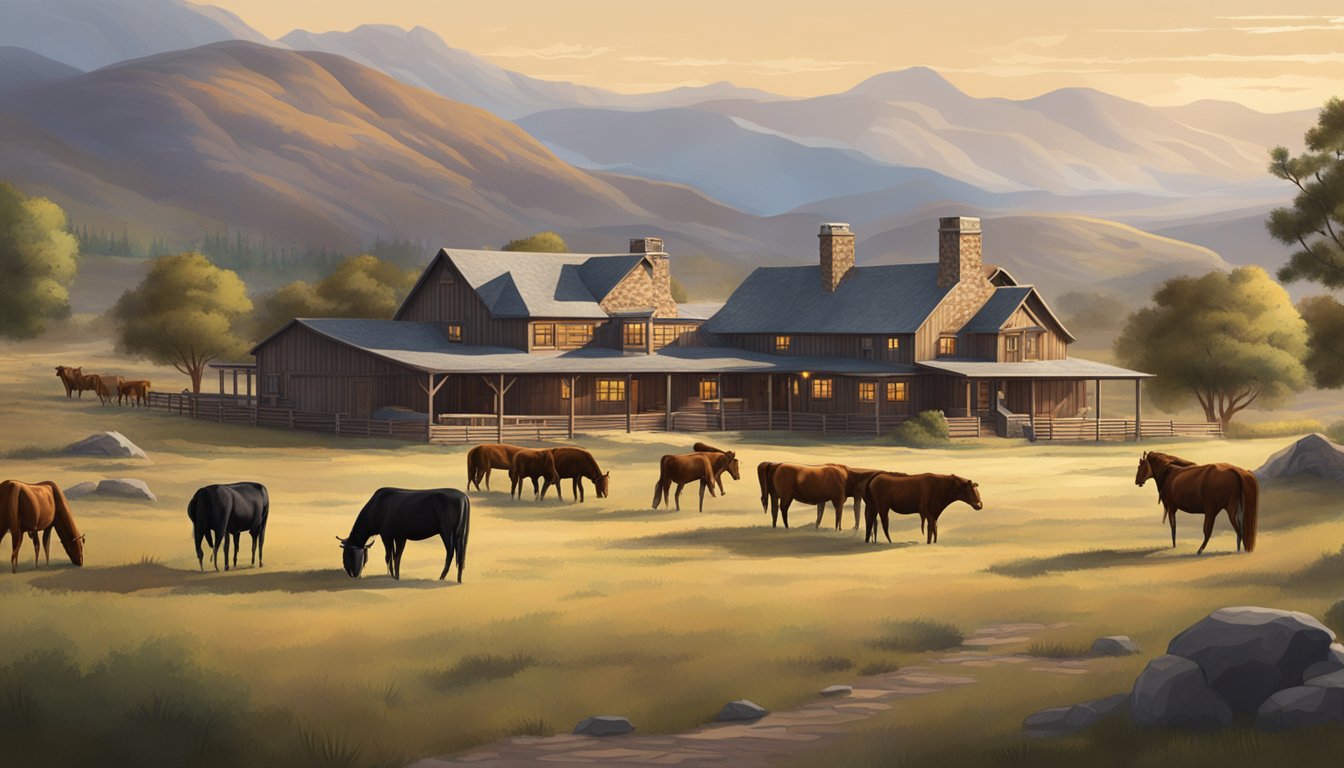 A sprawling western ranch with cattle, horses, and rugged terrain. A large, imposing ranch house sits at the center, surrounded by rolling hills and a dramatic mountain backdrop