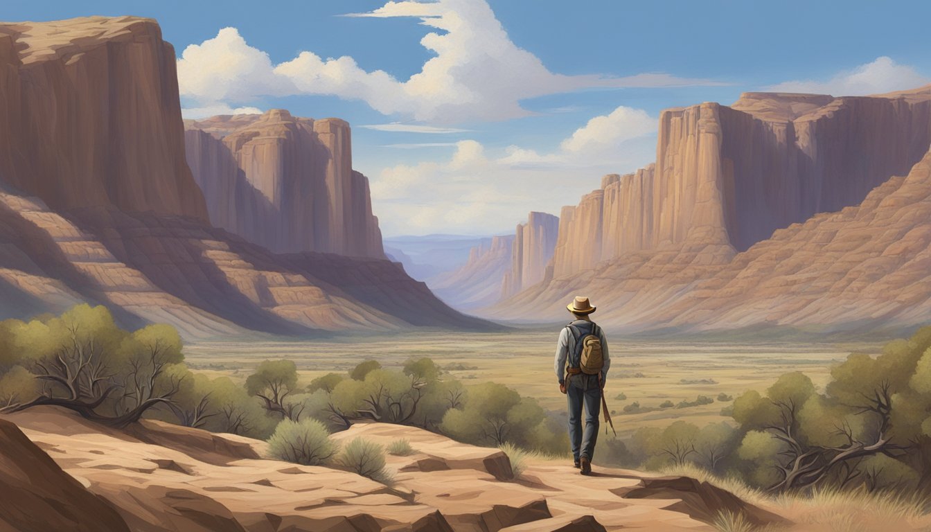 A lone figure stands amidst the rugged beauty of the American West, with a sense of power and determination emanating from the landscape itself