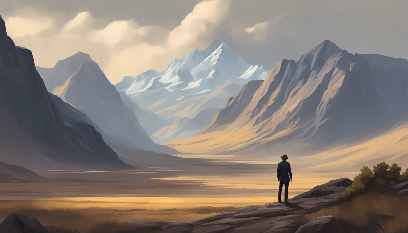 A lone figure stands against a dramatic western landscape, with rugged mountains in the background and a sense of determination in the air