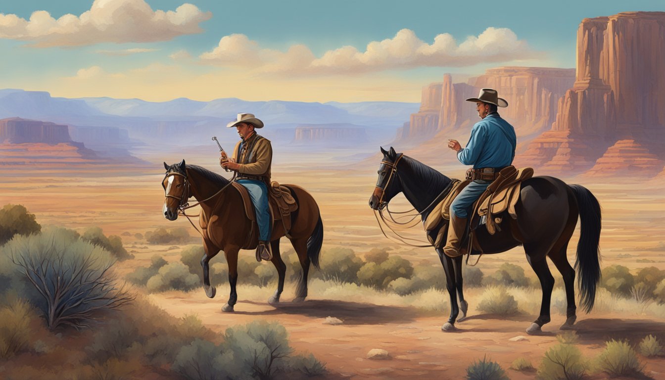 A tense standoff between John Dutton on horseback and Harmonica with his iconic instrument, set against the rugged backdrop of the American West