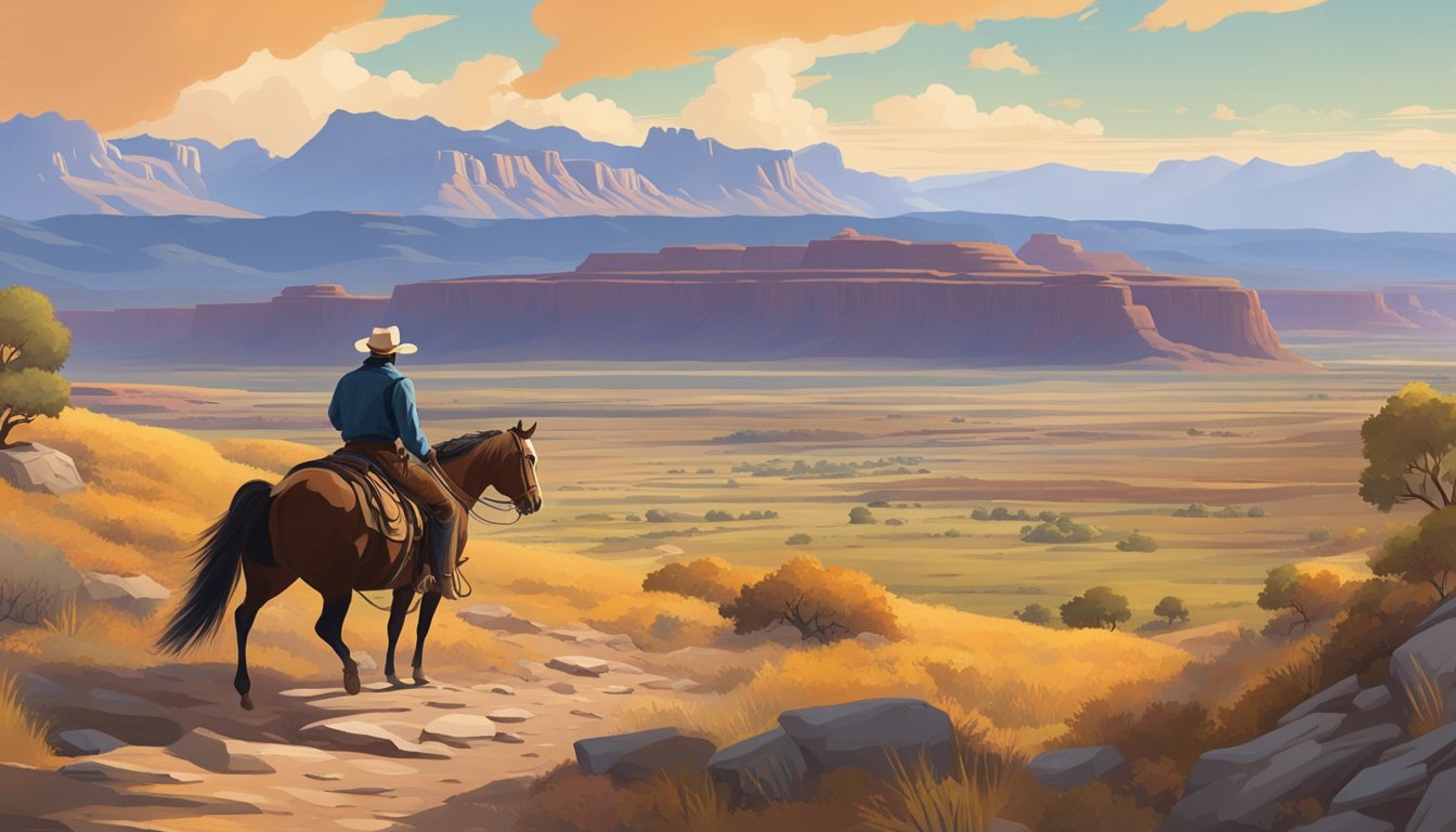 A vast, rugged landscape with a sprawling ranch and a solitary figure on horseback, surrounded by the beauty and harshness of the American West