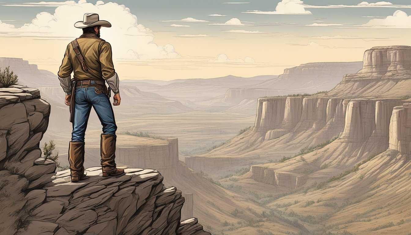 A rugged cowboy stands atop a cliff, overlooking a vast, untamed landscape. His steely gaze reflects determination and strength, embodying the spirit of the Wild West