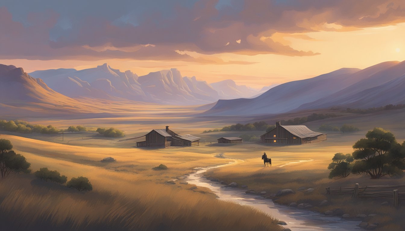 A sprawling ranch at dusk, with a lone figure on horseback surveying the rugged landscape