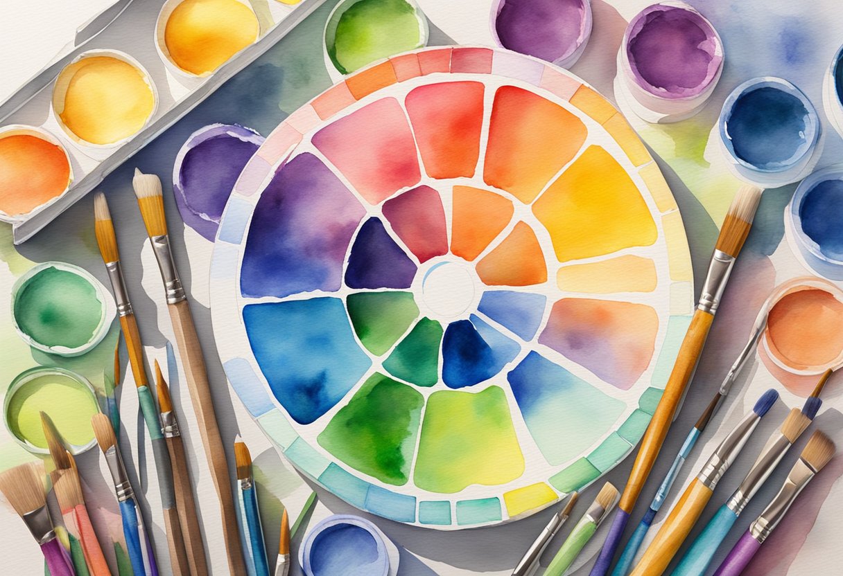 A vibrant color wheel surrounded by paint tubes and brushes