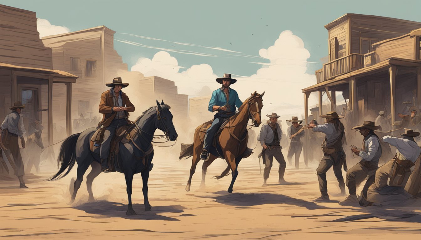 A tense showdown in a dusty western town, with both heroes facing off in a dramatic confrontation