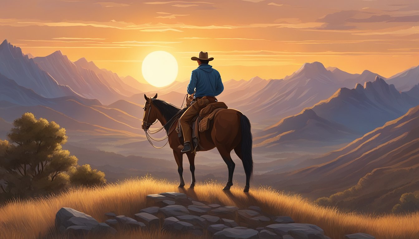 A rugged cowboy on horseback surveys the vast, untamed wilderness, with mountains looming in the distance. The sun sets behind him, casting a warm glow over the rugged landscape